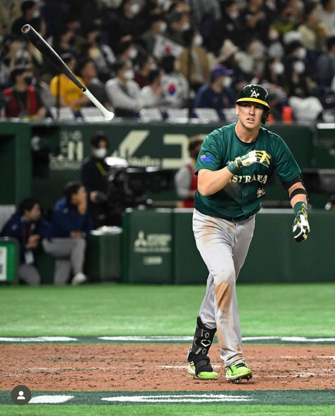 Former NIACC all-American Robbie Glendinning flips his bat after hitting a 3-run home run for Australia on Wednesday against South Korea at the World Baseball Classic.