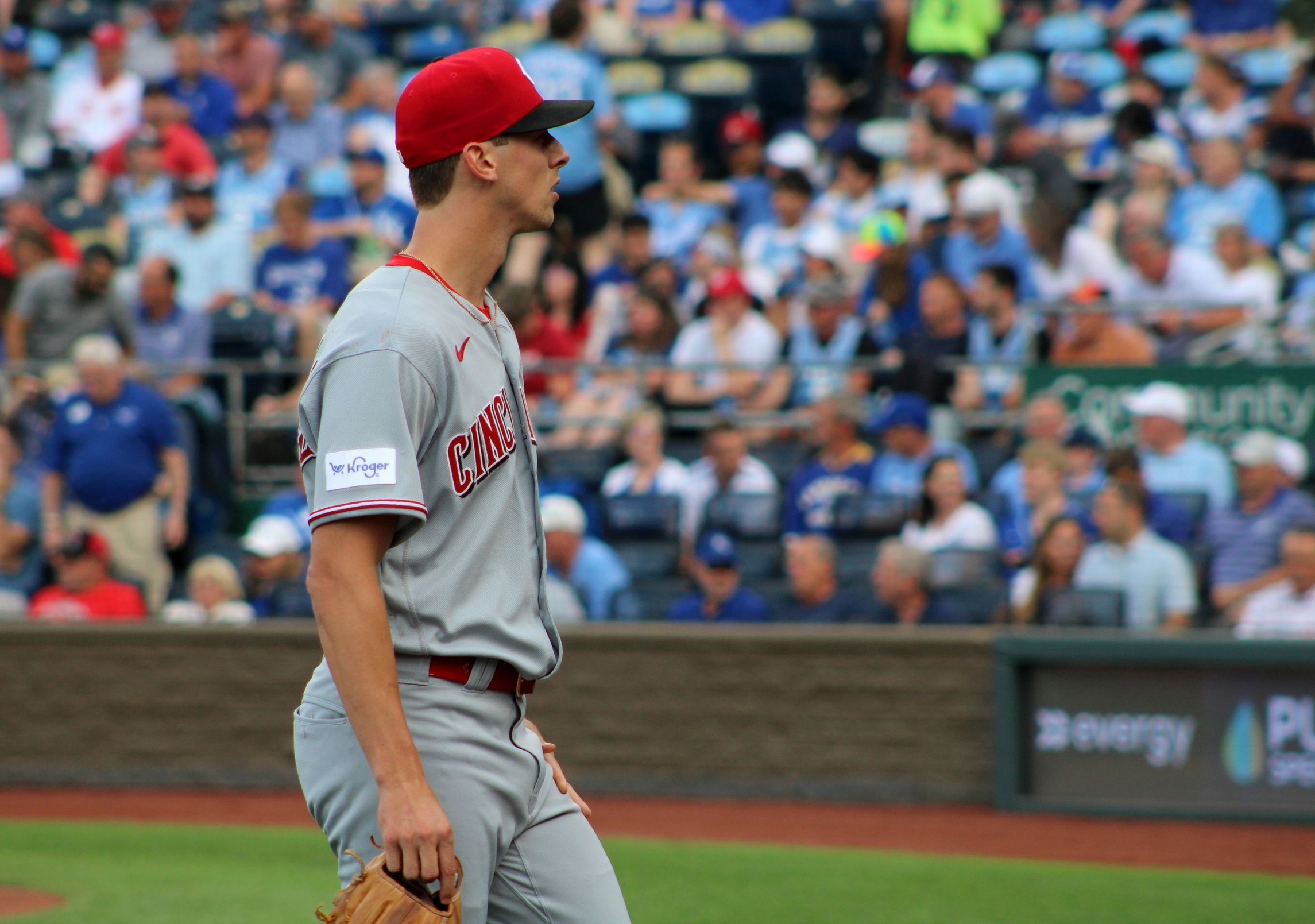 The Reds' Brandon Williamson walks off the mound during his outing against the Kansas City Royals on June 13.