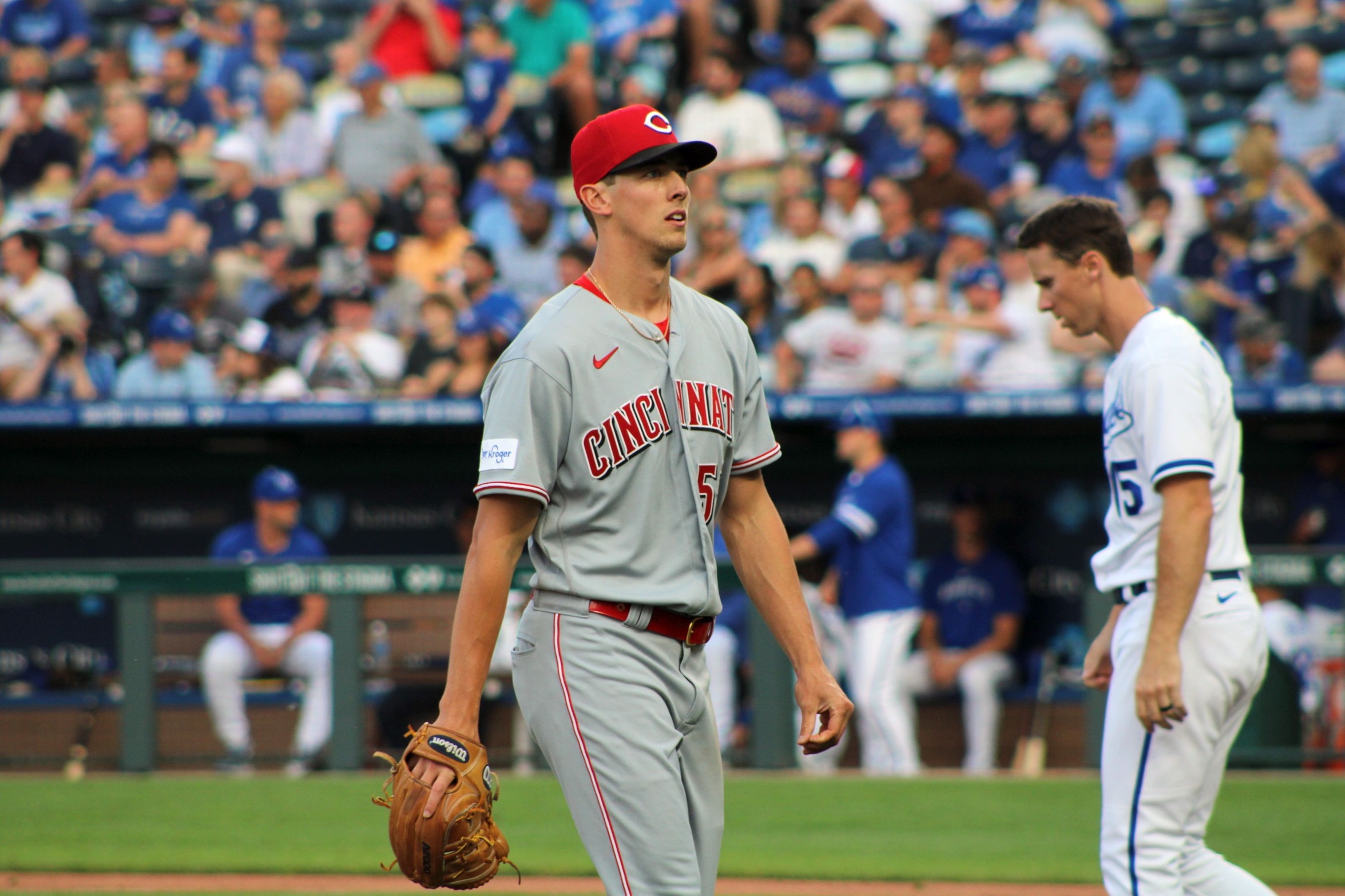The Reds' Brandon Williamson comes off the mound during his outing in Kansas City on June 13.