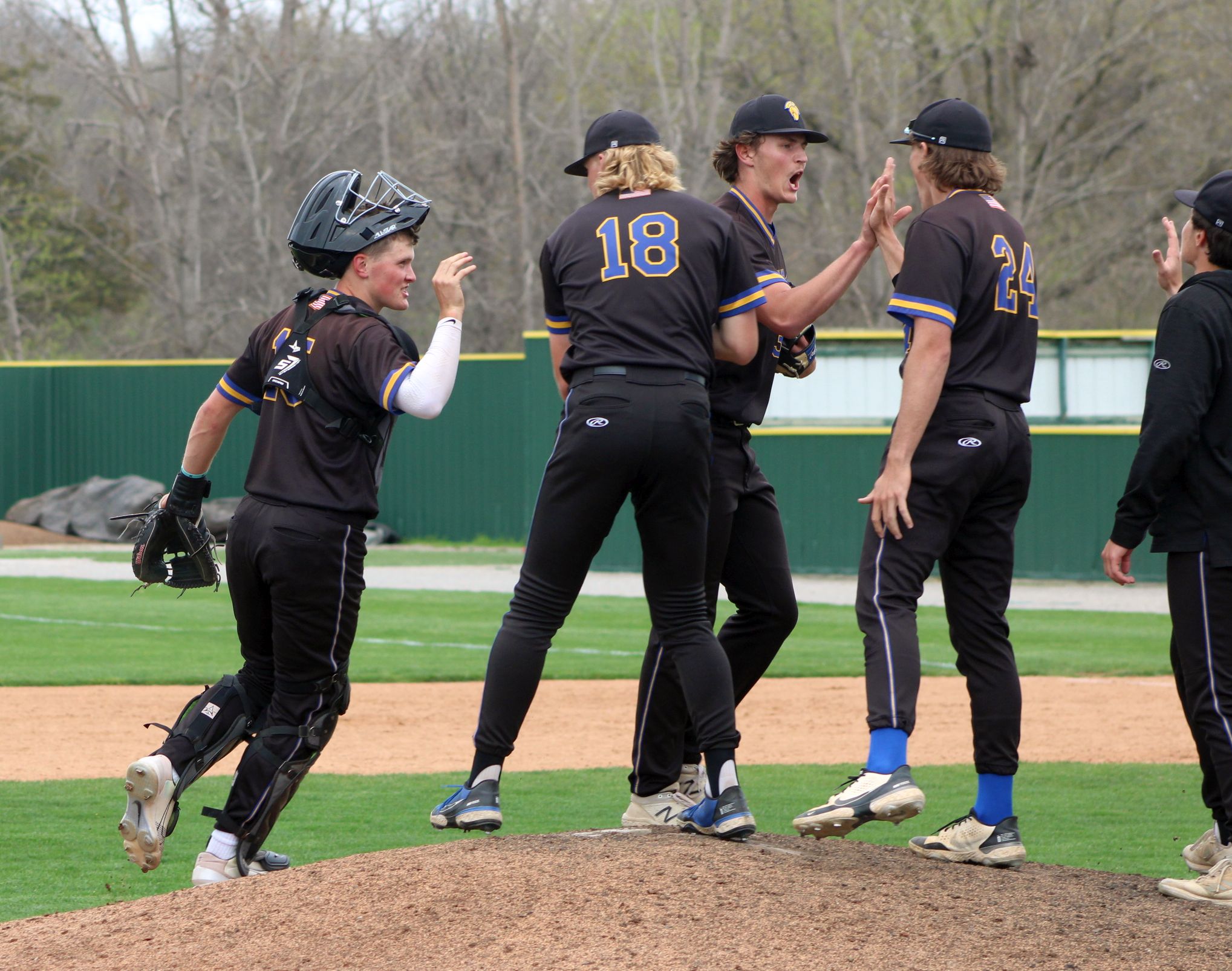 NIACC celebrates its 7-6 win over Indian Hills on Wednesday in Centerville.