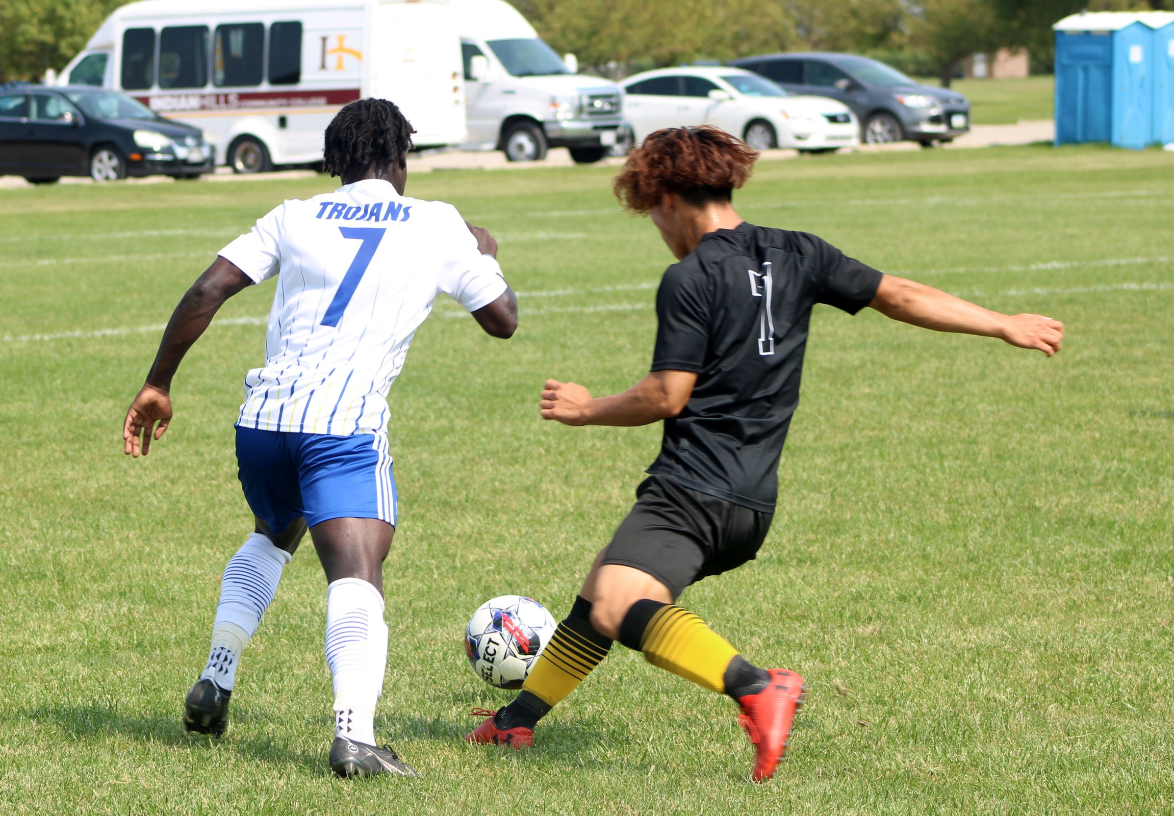 NIACC's Mohammad Sanyang (7) battles for the ball during Wednesday's non-league match against Indian Hills.