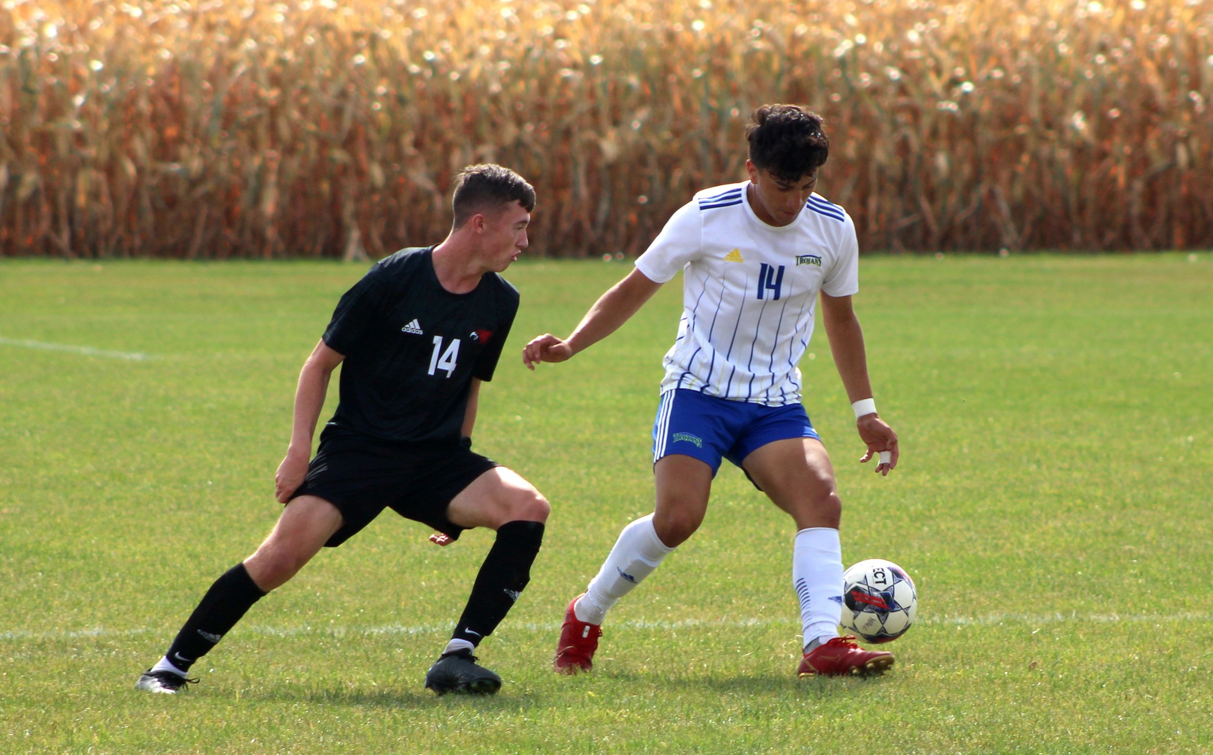 NIACC's Jonathan Morales (right) controls the ball during Tuesday's match against Northeast CC.