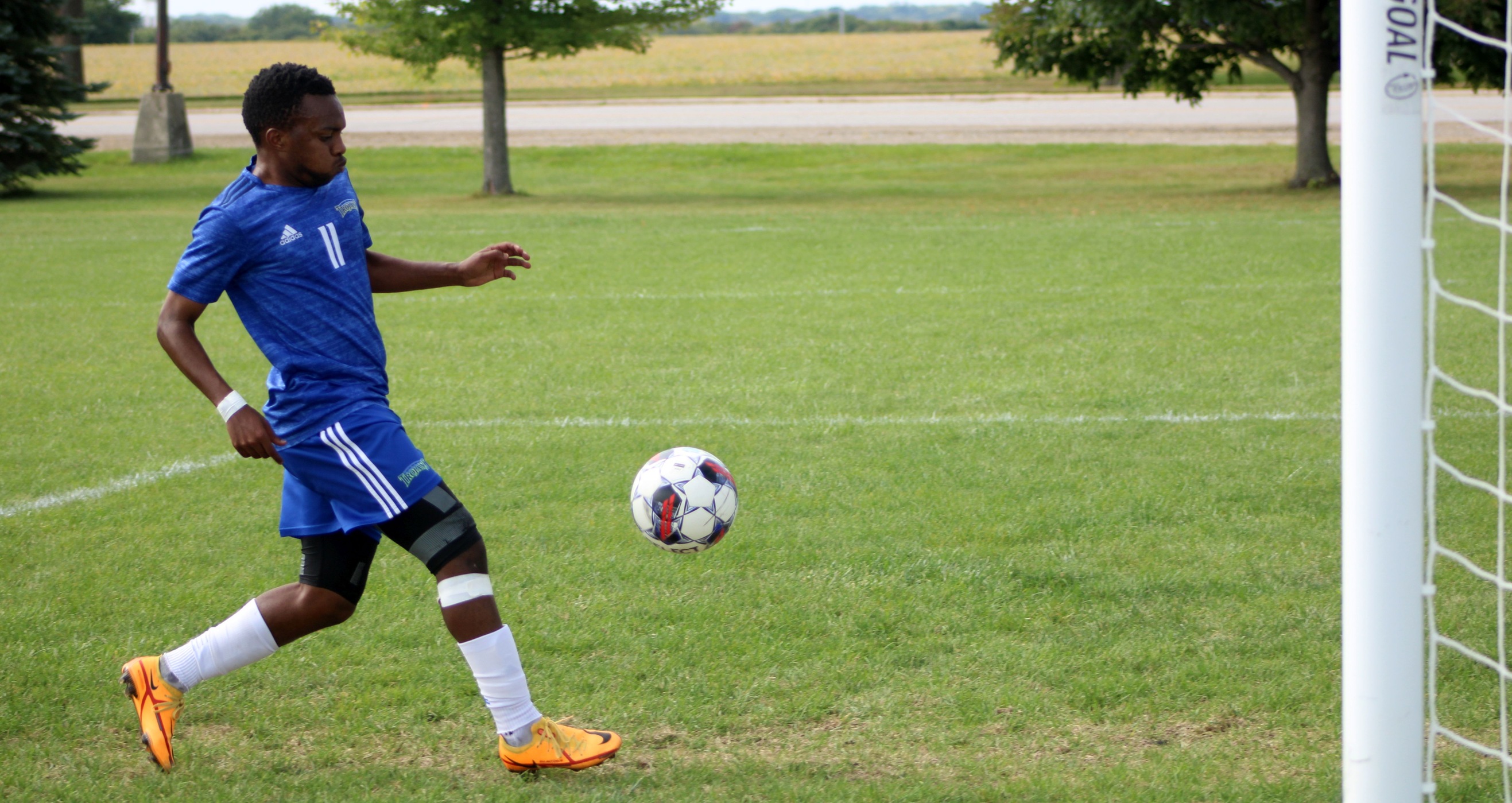 NIACC's Kagiso Madisha gets ready to kick in a goal in the first half of Saturday's match against Scott CC.
