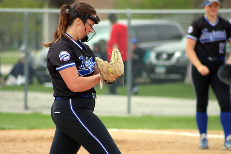 NIACC's Brynn Stalberger gets ready to throw a pitch in last Saturday's first game against Kirkwood.