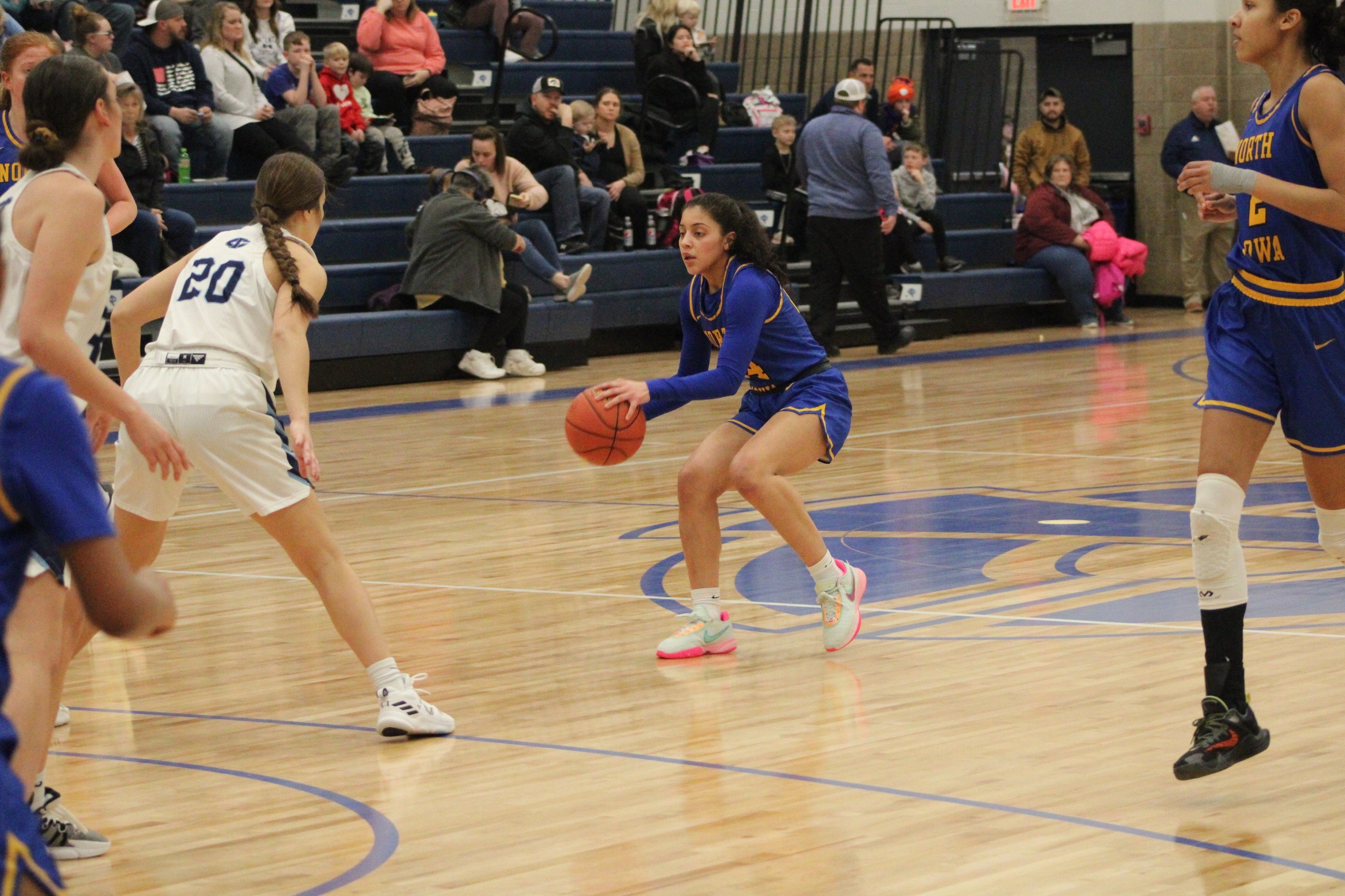 NIACC's Audrey Martinez-Stewart moves the ball up the court in Wednesday's game against Iowa Central.