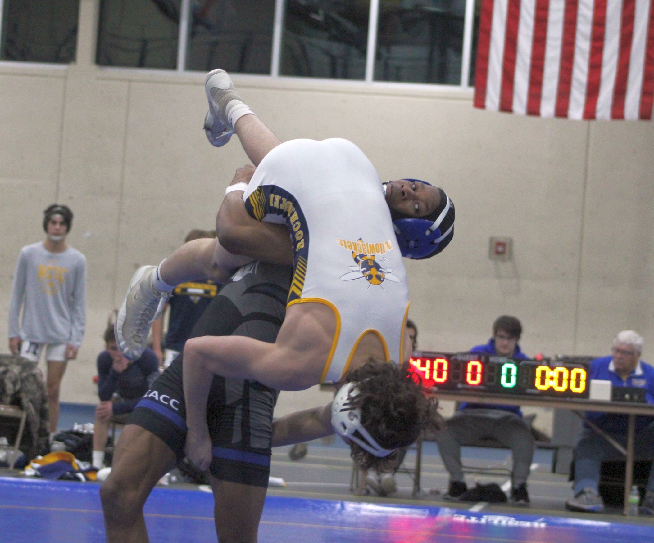 NIACC's Isaac Church lifts RCTC's Nik Petsinger in their 141-pound match Wednesday. Church won by fall in 1:24.