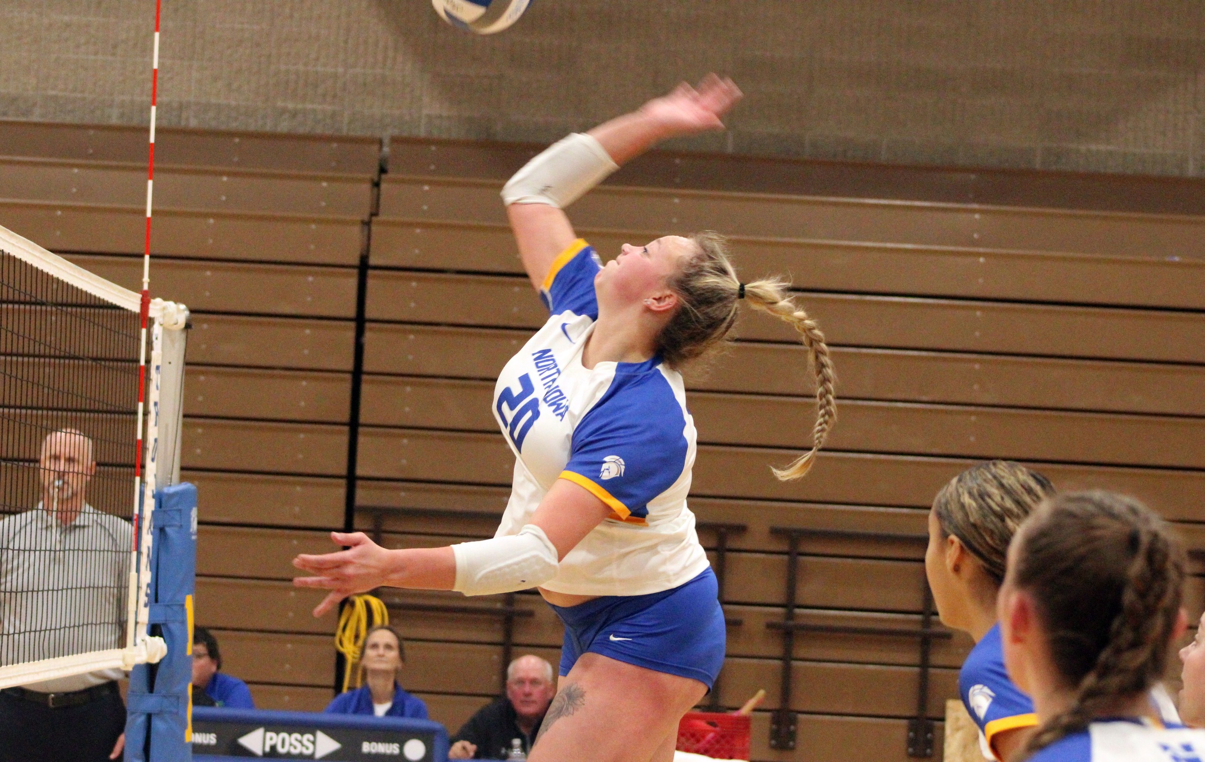 NIACC's Kyla Moore hits the ball over the net during Wednesday's ICCAC match against DMACC in the NIACC gym.